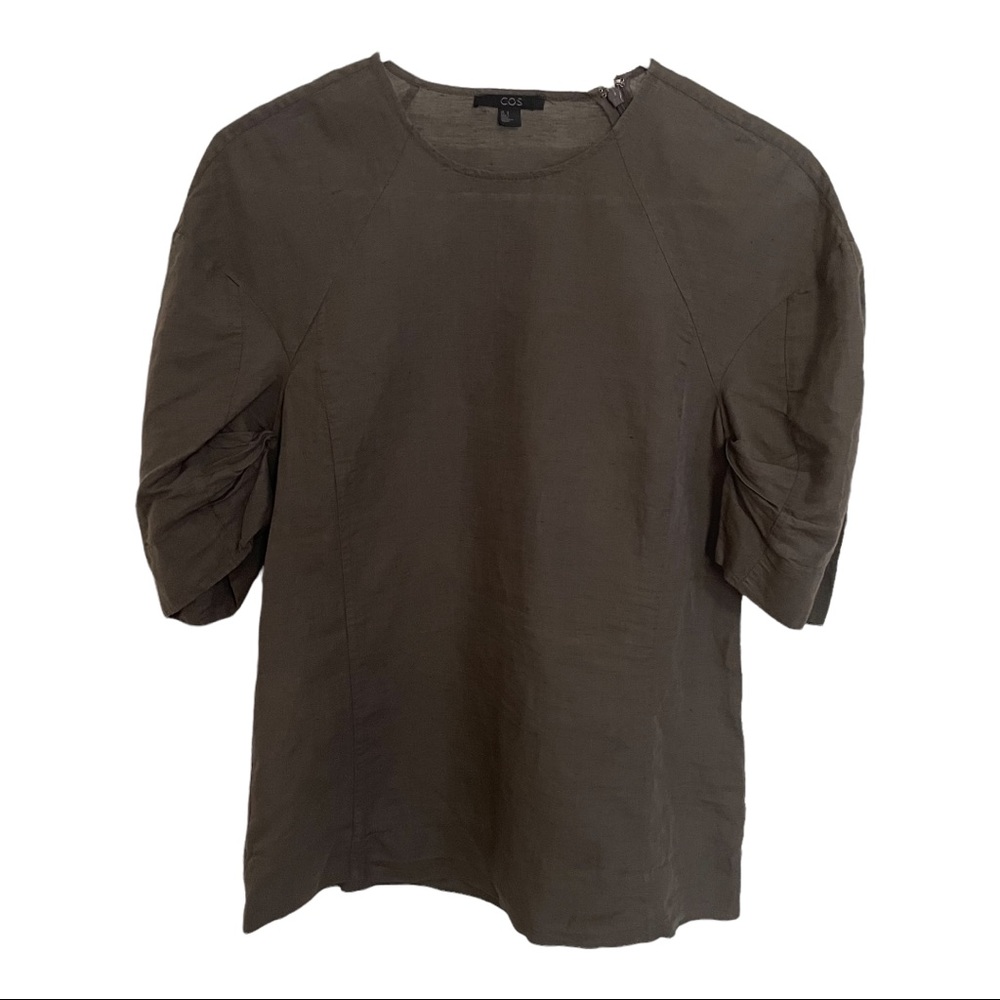 COS gray puff sleeve top blouse linen cotton blend size 8